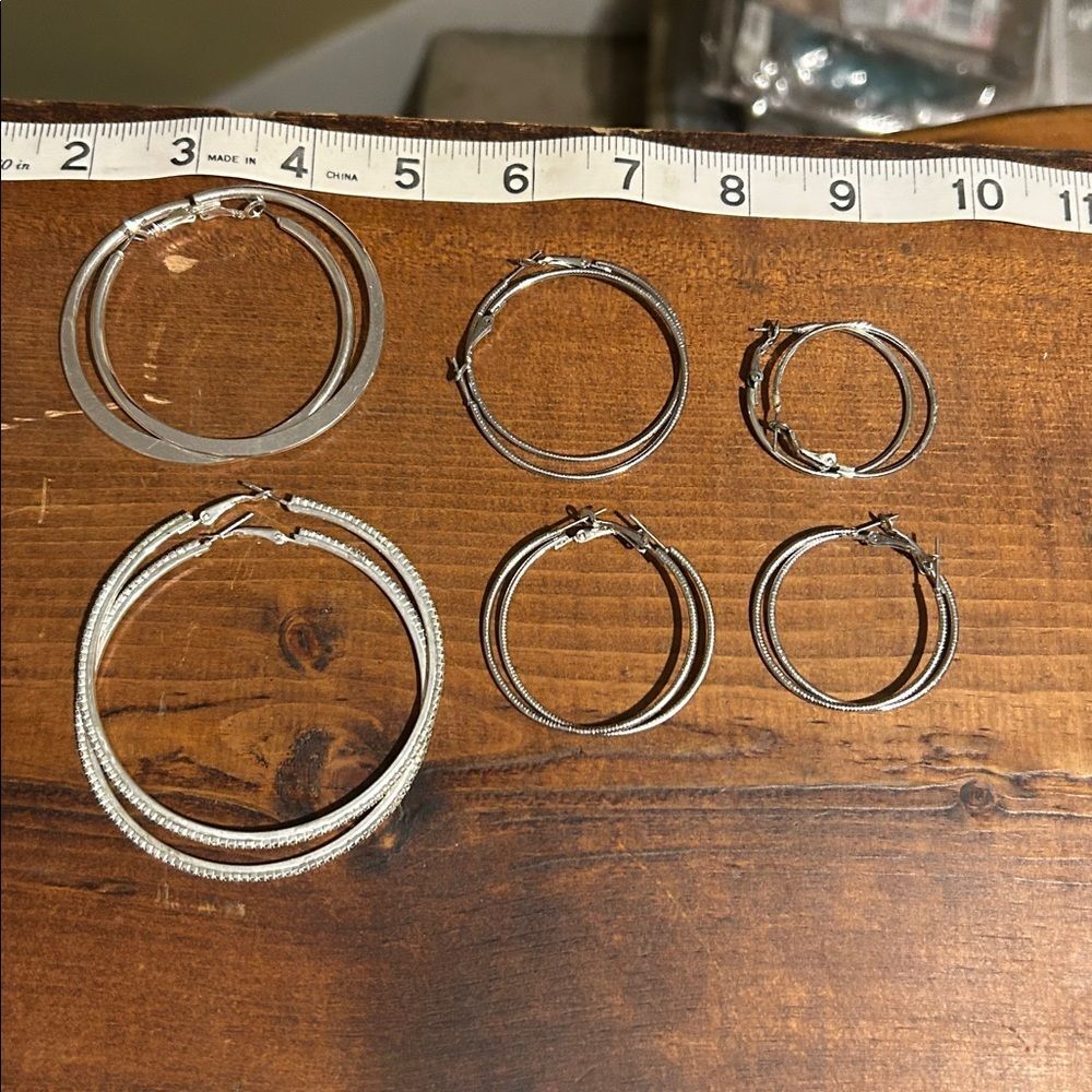 Silver Tone Hoop Earrings Set 6 Pairs Multipack Varied Sizes Whimsigoth Boho - Picture 3 of 3